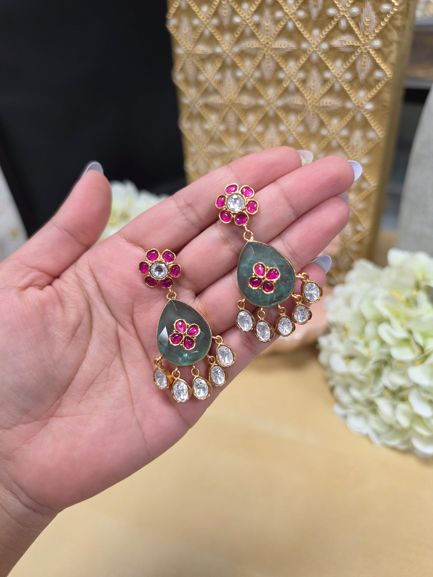 Renu premium gold plated moisonaite kundan Earrings
