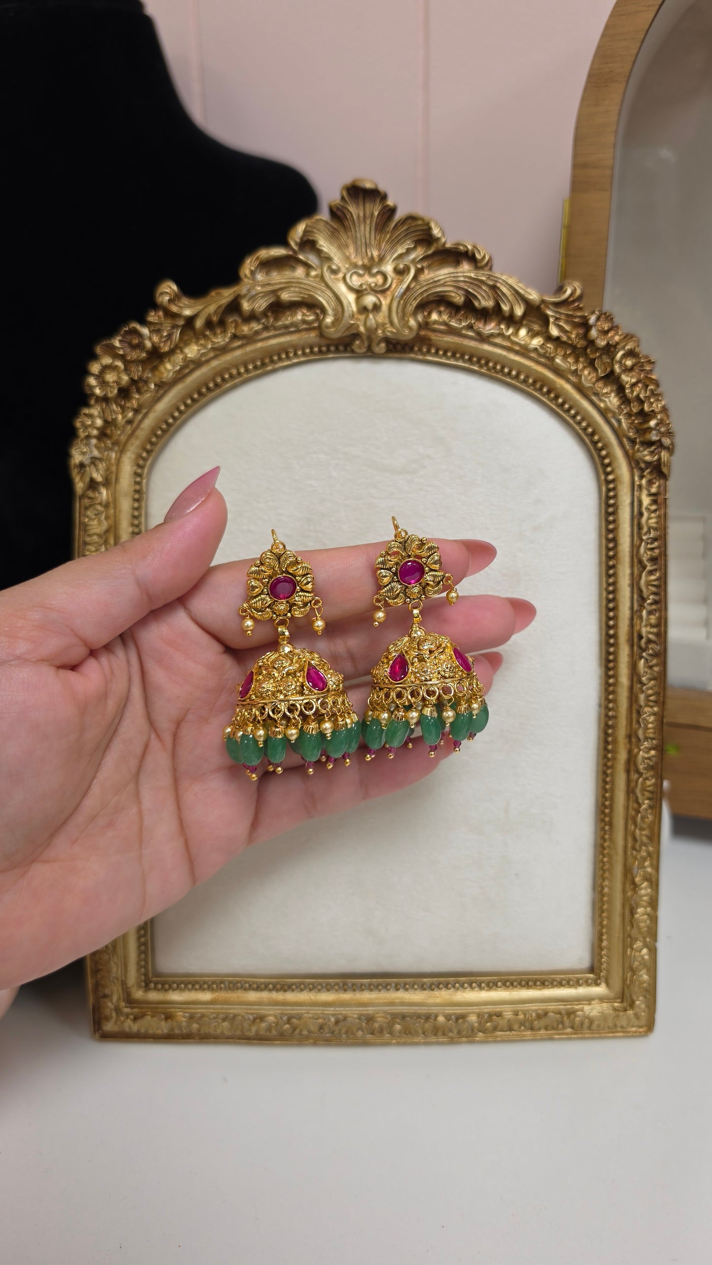 Rutba premium gold plated jhumkis(Jade/Ruby)