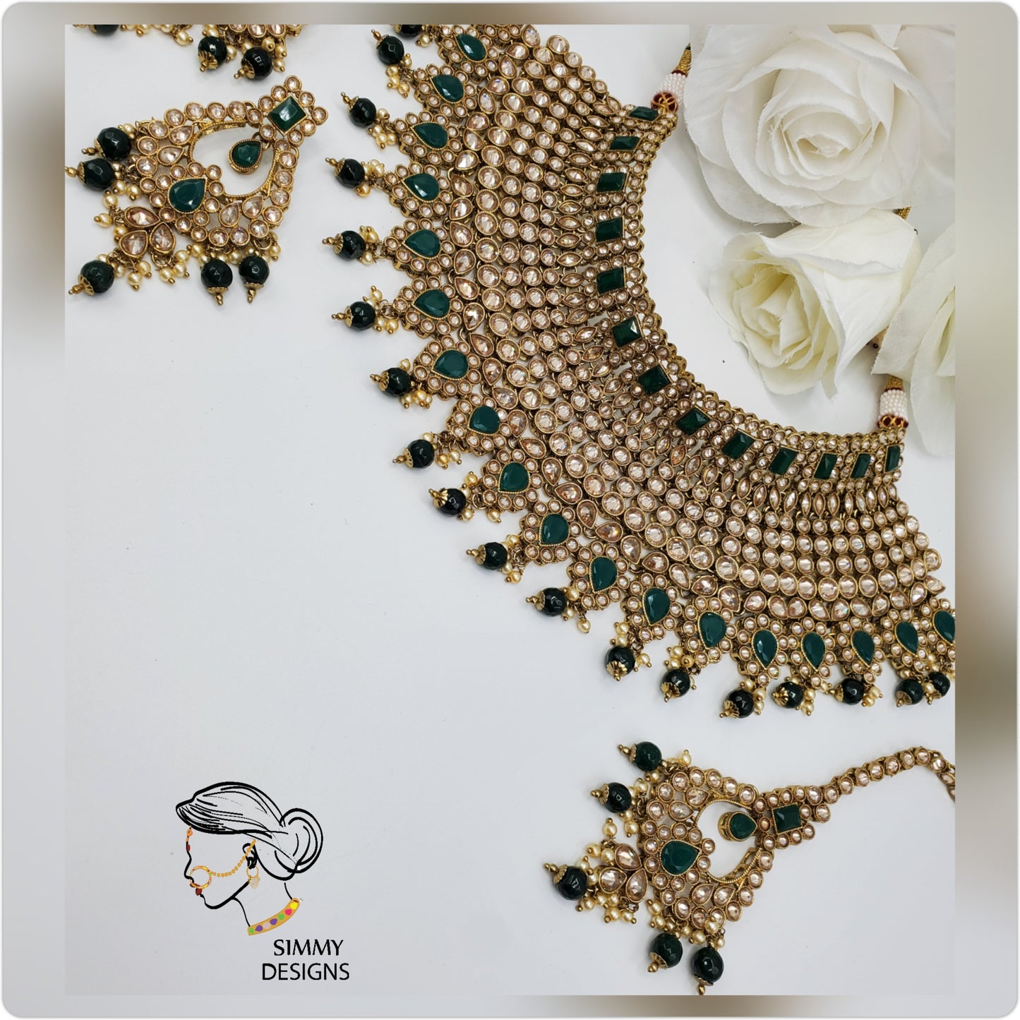 Aqsa Reverse AD polki Bridal Set(Green)