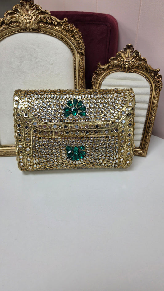 Mina kundan brass clutch