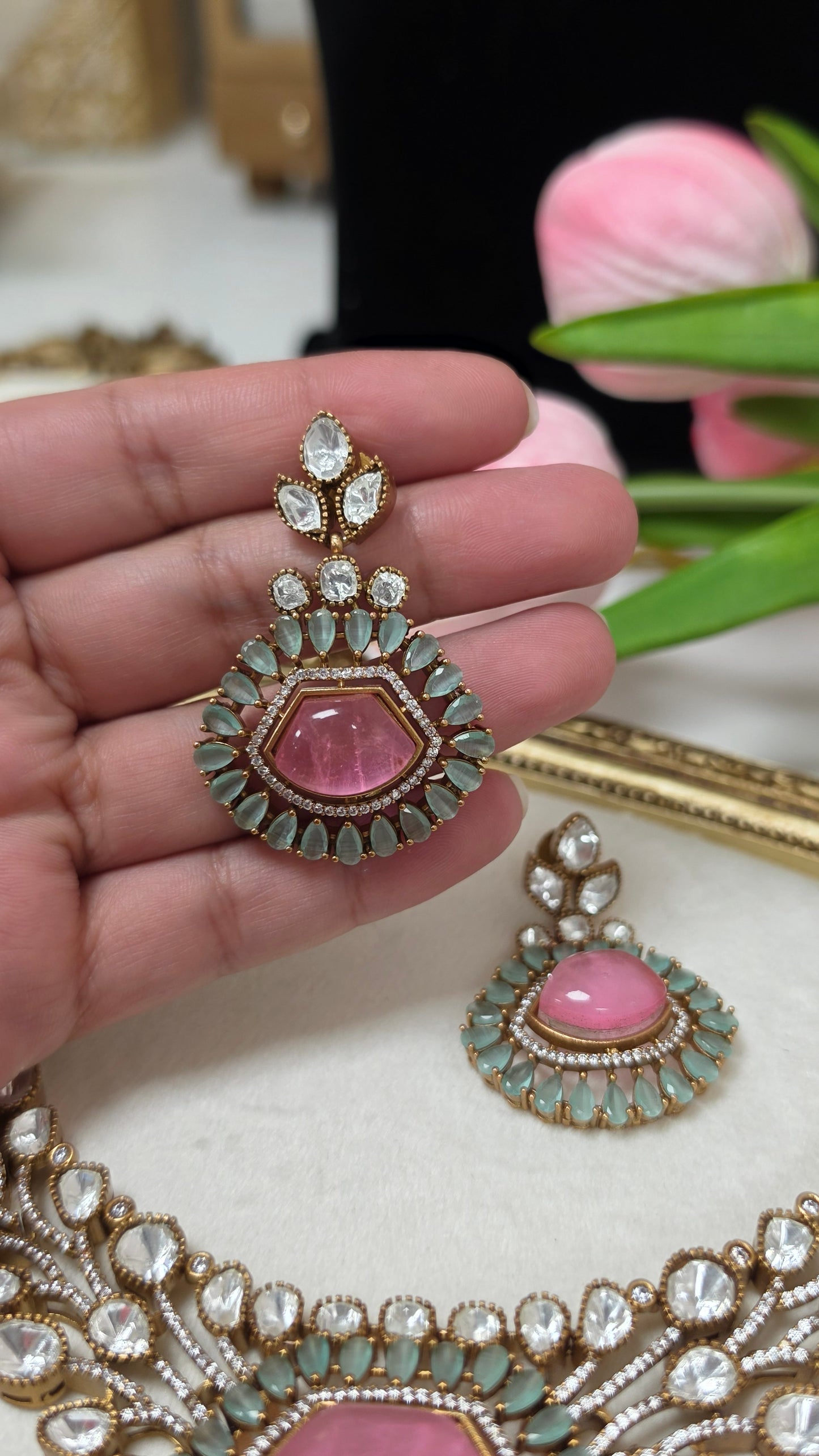 Lai premium mosonaite kundan set