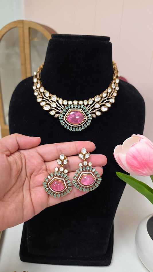 Lai premium mosonaite kundan set