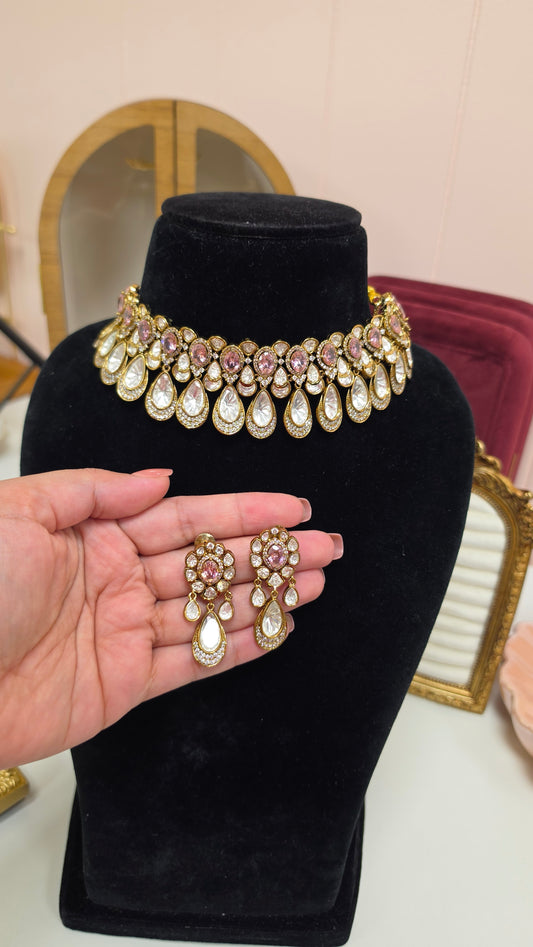 Urvi premium mossanite kundan set( pink)