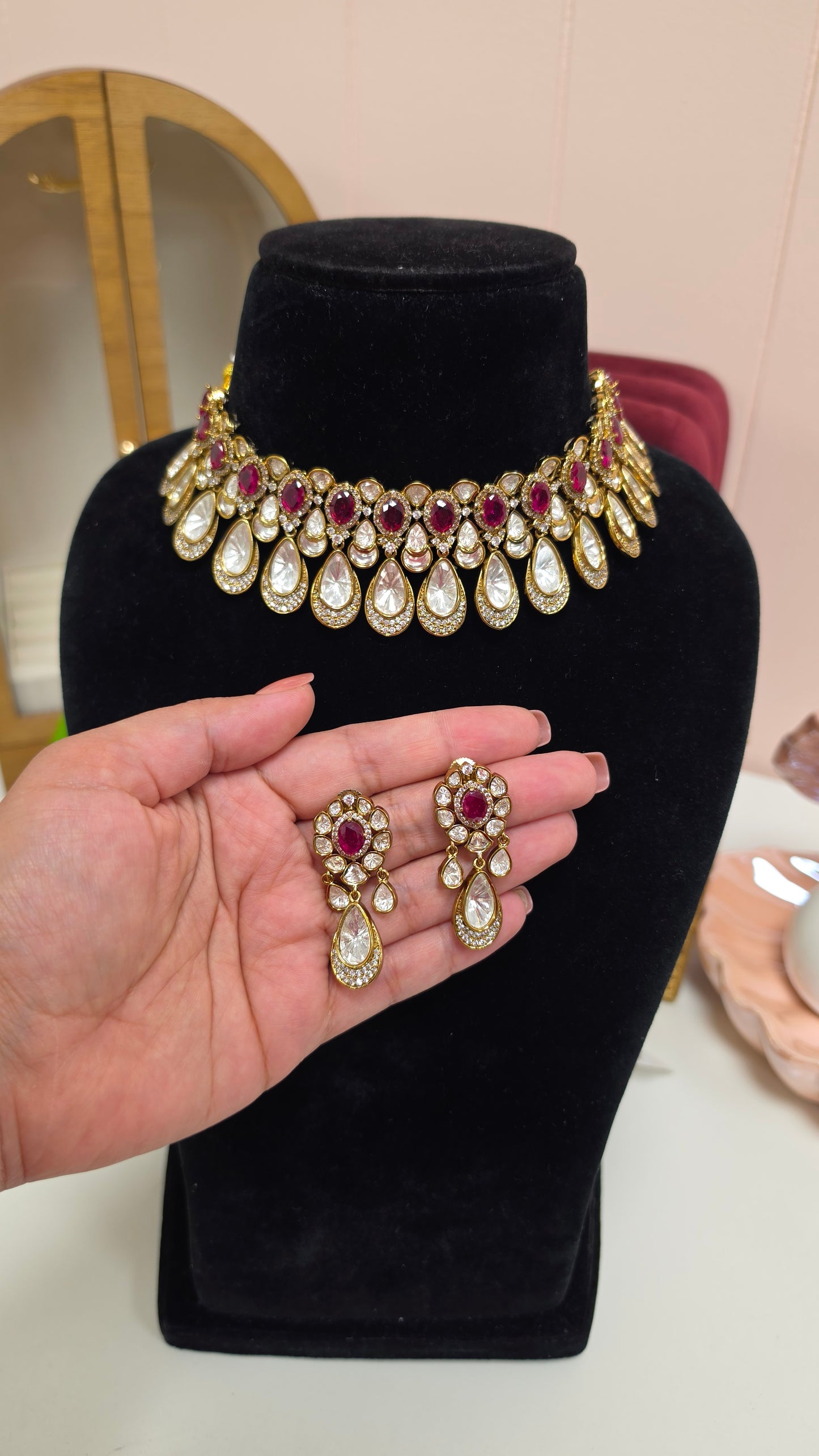 Urvi premium mossanite kundan set( Dark Ruby)