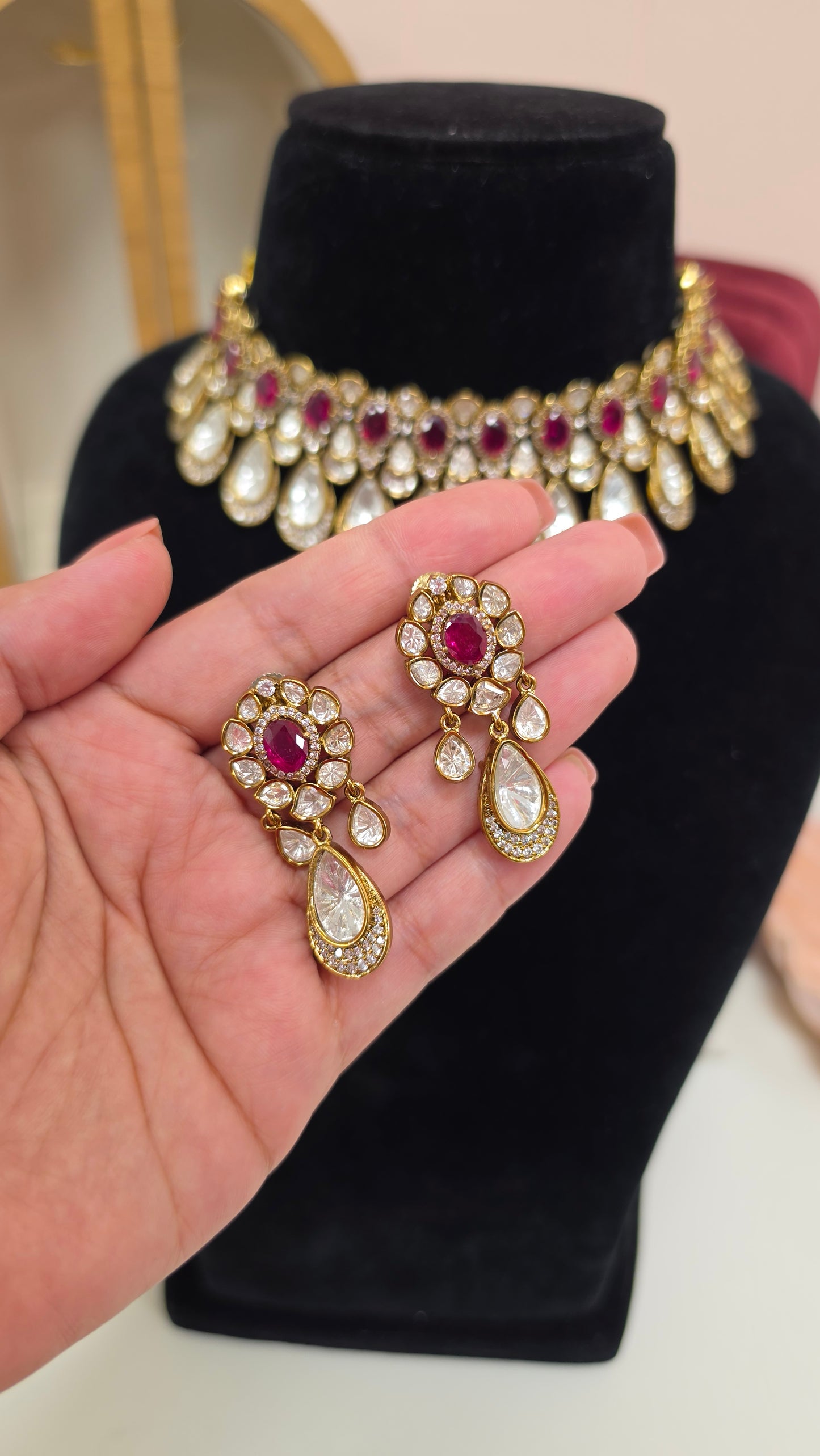 Urvi premium mossanite kundan set( Dark Ruby)