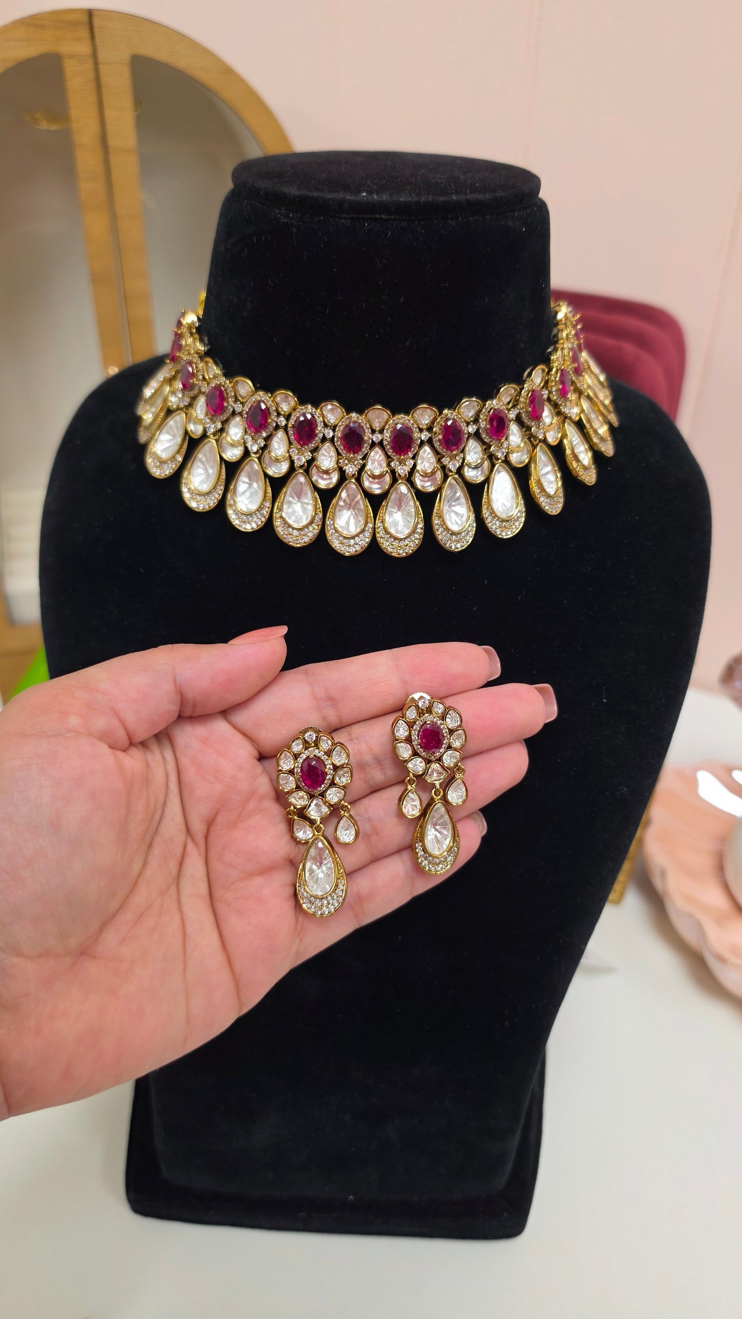 Urvi premium mossanite kundan set( Dark Ruby)