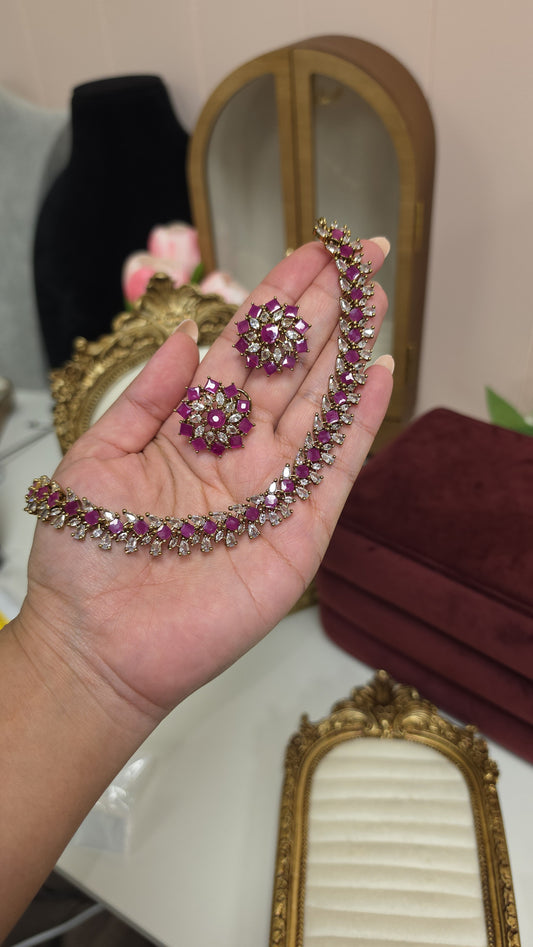 Suhana necklace with Studs (ruby)