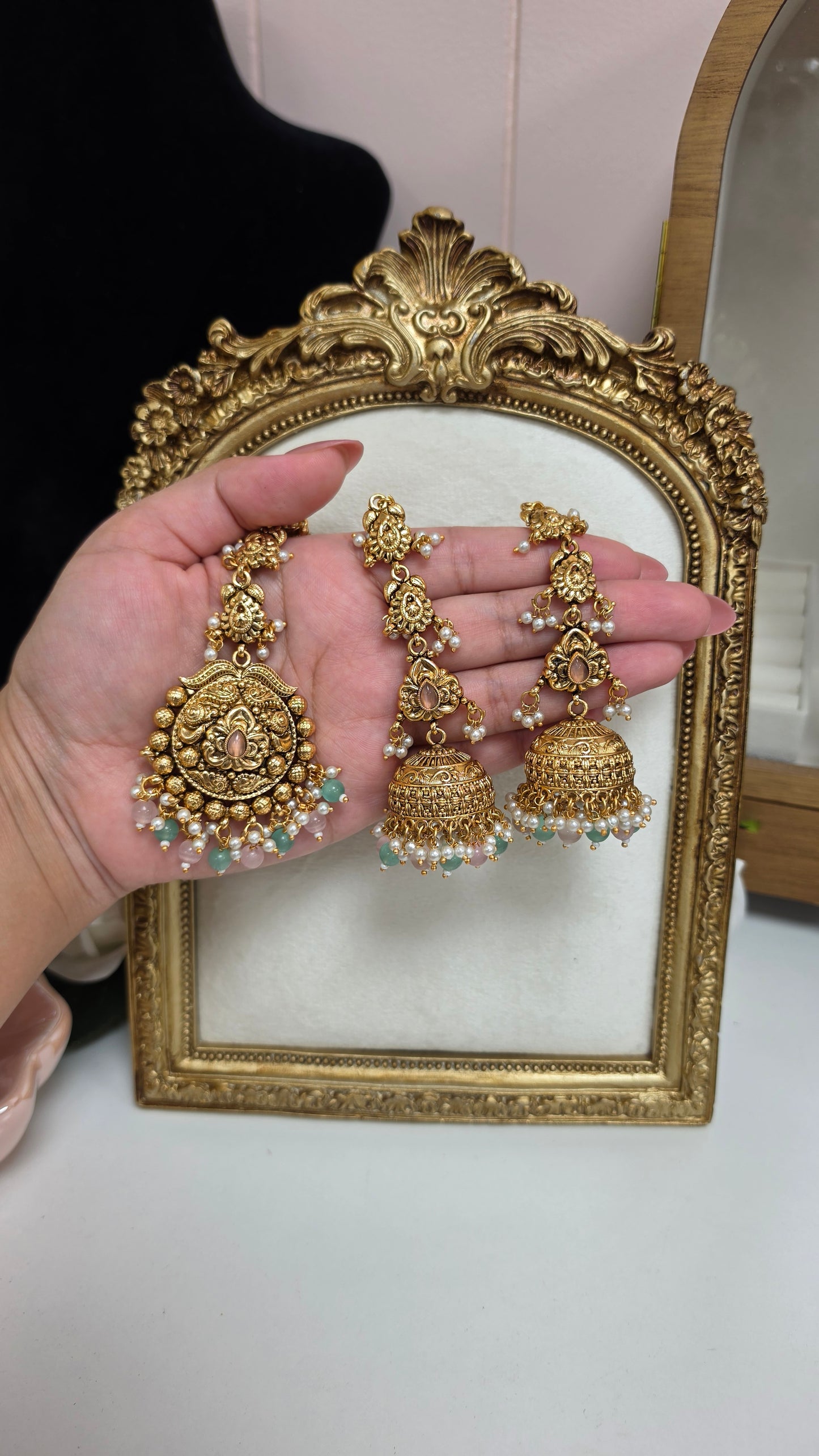 Sakhi jhumkis with tikka Set(Many color options)