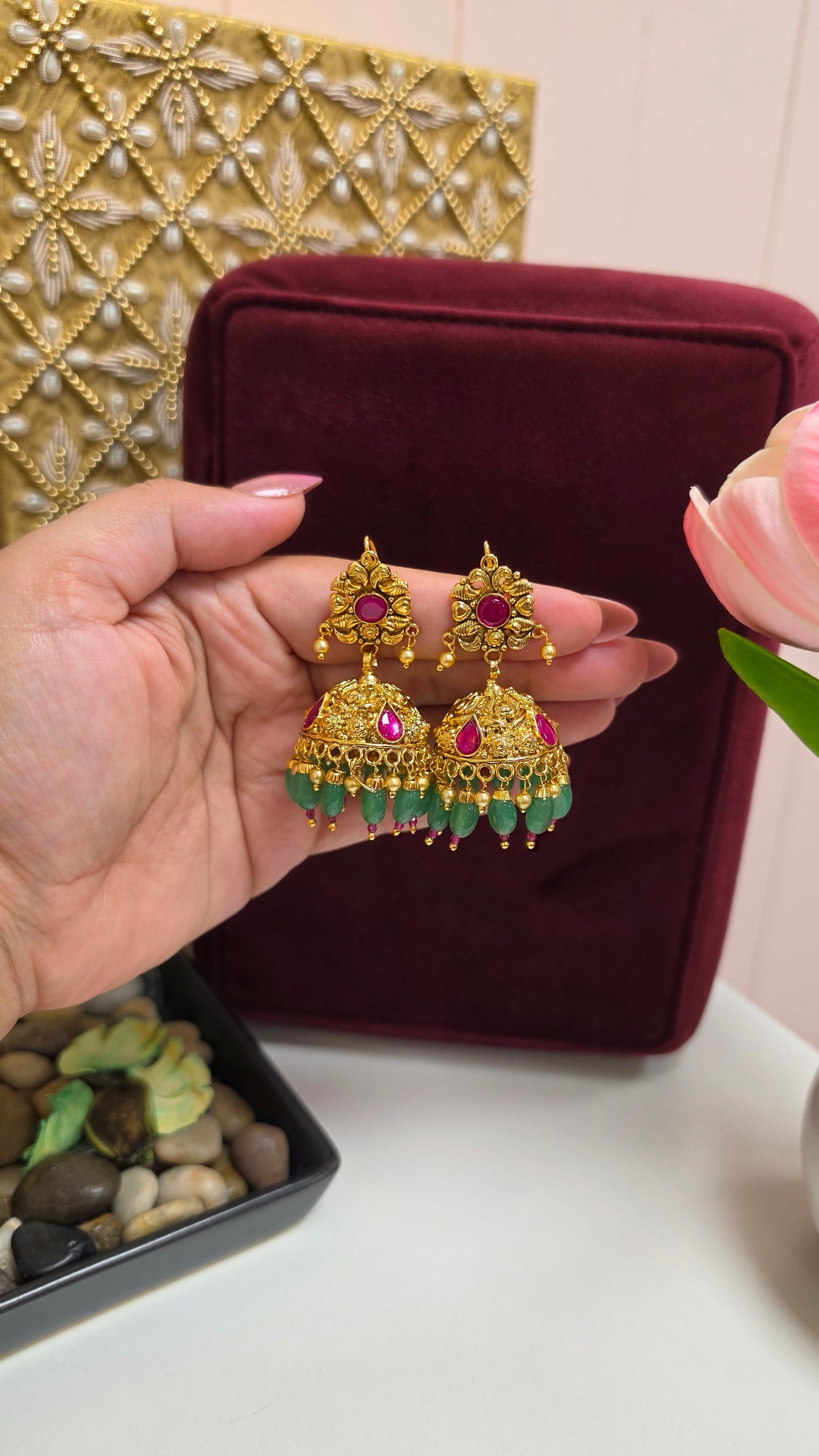 Rutba premium gold plated jhumkis(Jade/Ruby)