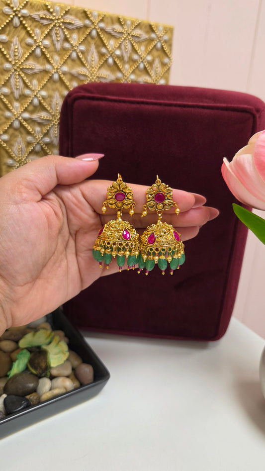 Rutba premium gold plated jhumkis(Jade/Ruby)