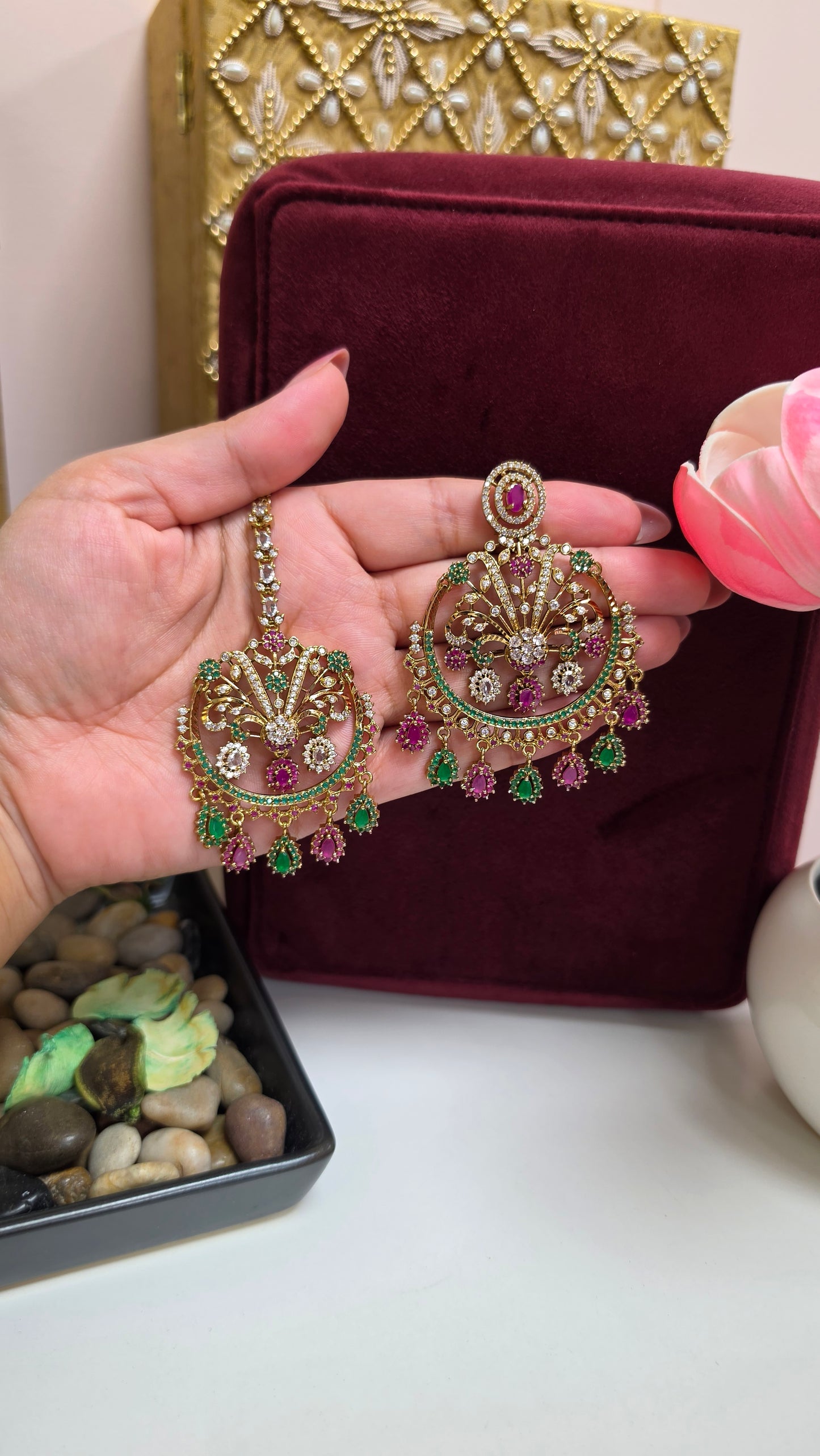 Priti Earrings and tikka set(Ruby/Green)